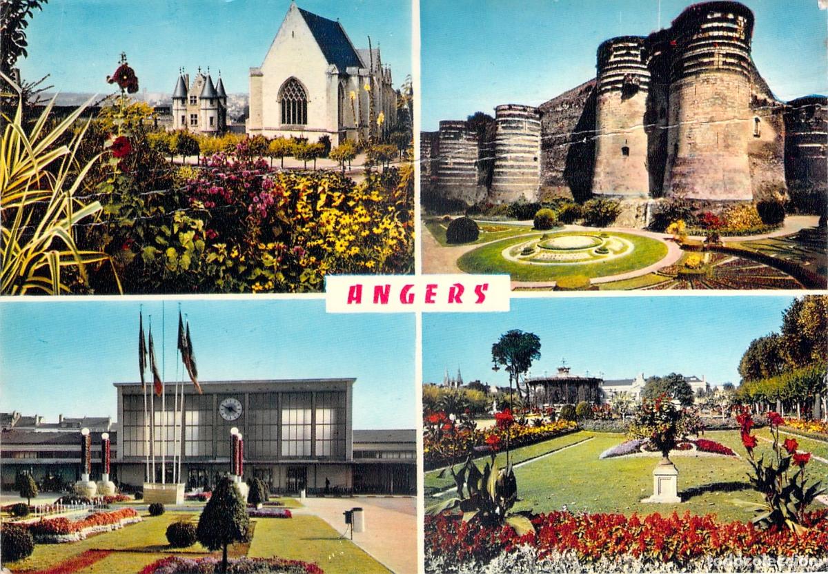 Postales: Postal multivista de Angers con el Castillo, Estaci&oacute;n y Jard&iacute;n del Mail