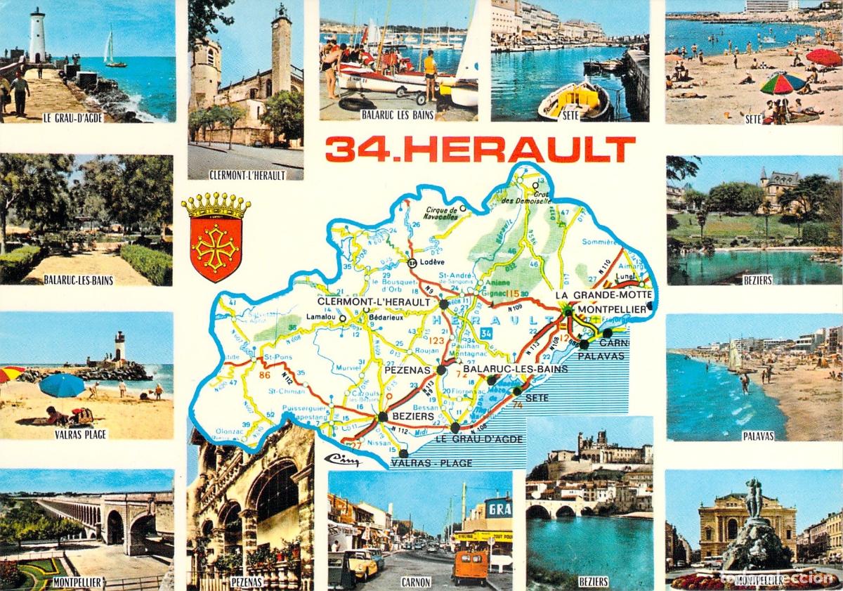 Postales: Postal Tur&iacute;stica del Departamento de H&eacute;rault con Mapa de la Regi&oacute;n