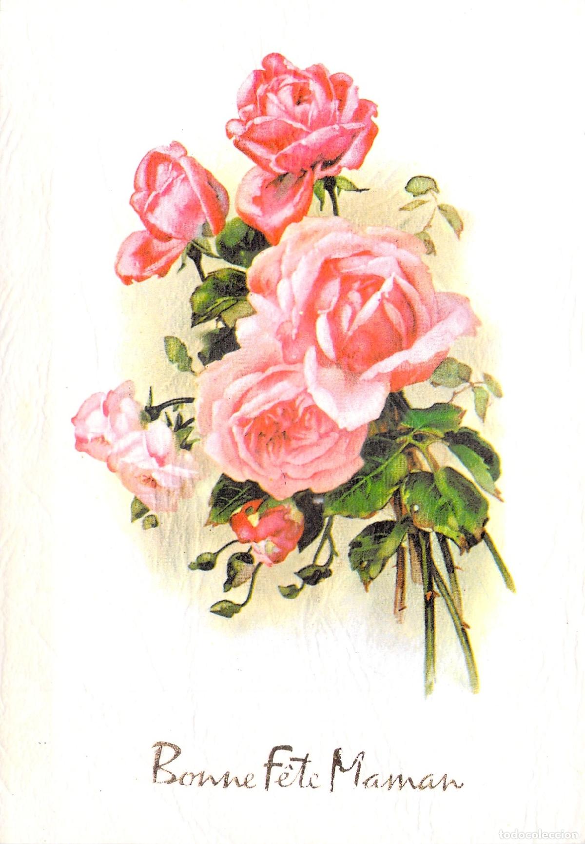 Postales: Postal Ilustrada Bonne F&ecirc;te Maman con Rosas Rosadas