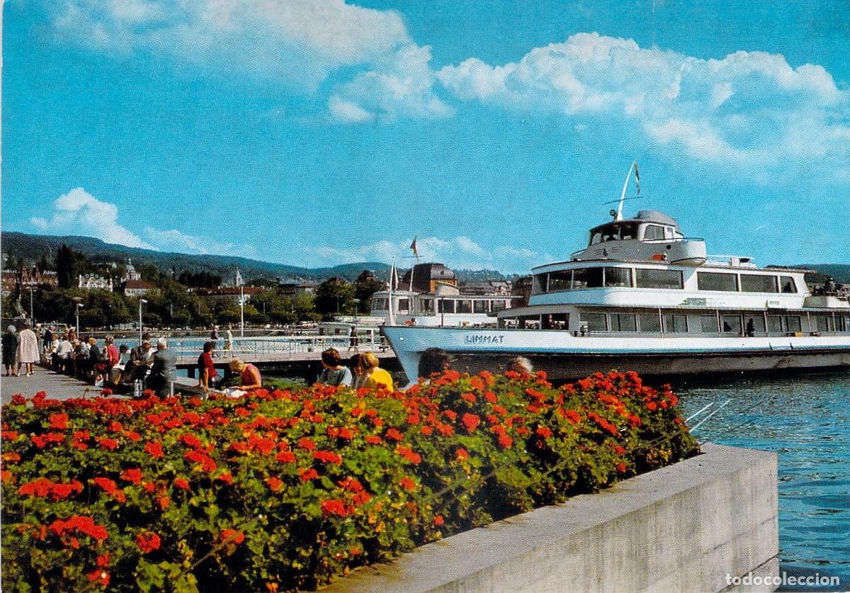 Postales: Postal de Z&uacute;rich Suiza Barco Limmat en el Lago con Flores