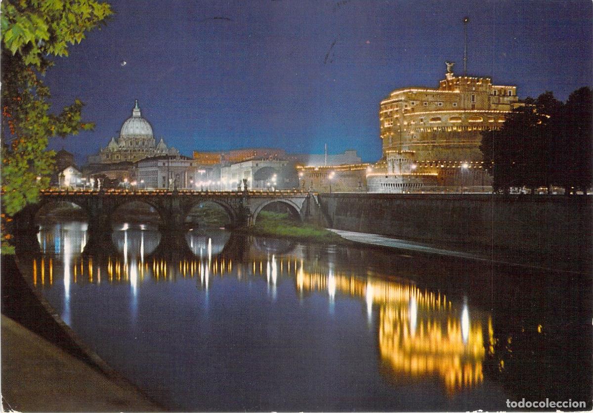 Postales: Postal de Roma con el Castillo y Puente de Sant'Angelo de Noche