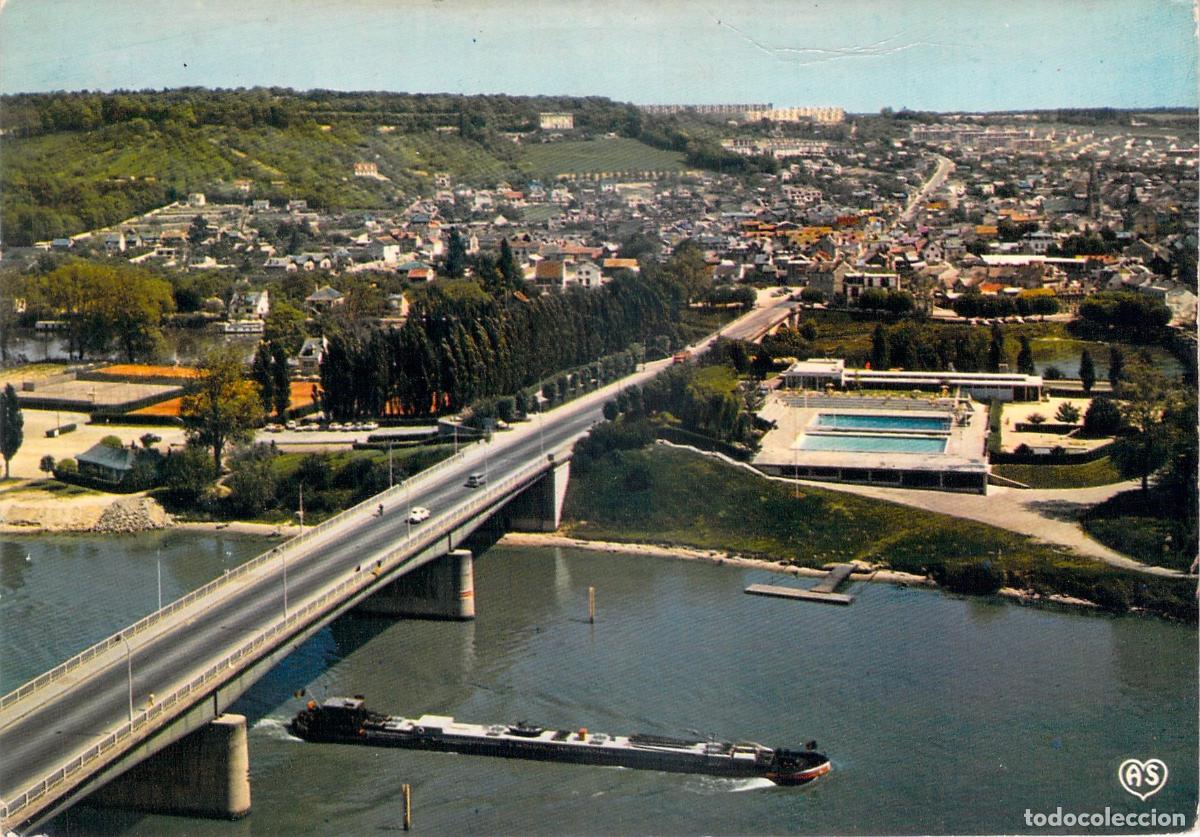 Cartoline: Postal Vista A&eacute;rea de Mantes-la-Jolie, Puente y Piscina de Limay