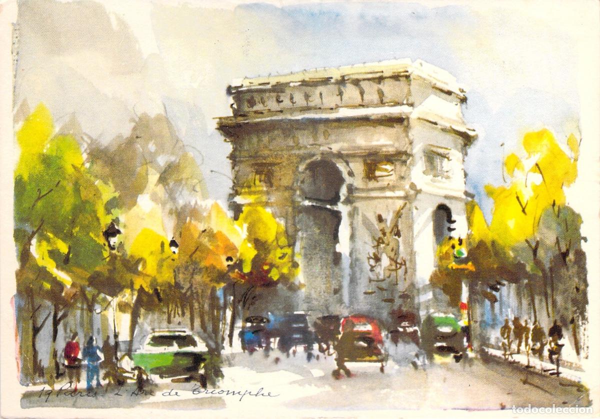 Postcards: Postal Art&iacute;stica de Par&iacute;s Arco de Triunfo Acuarela Aqua Pictura