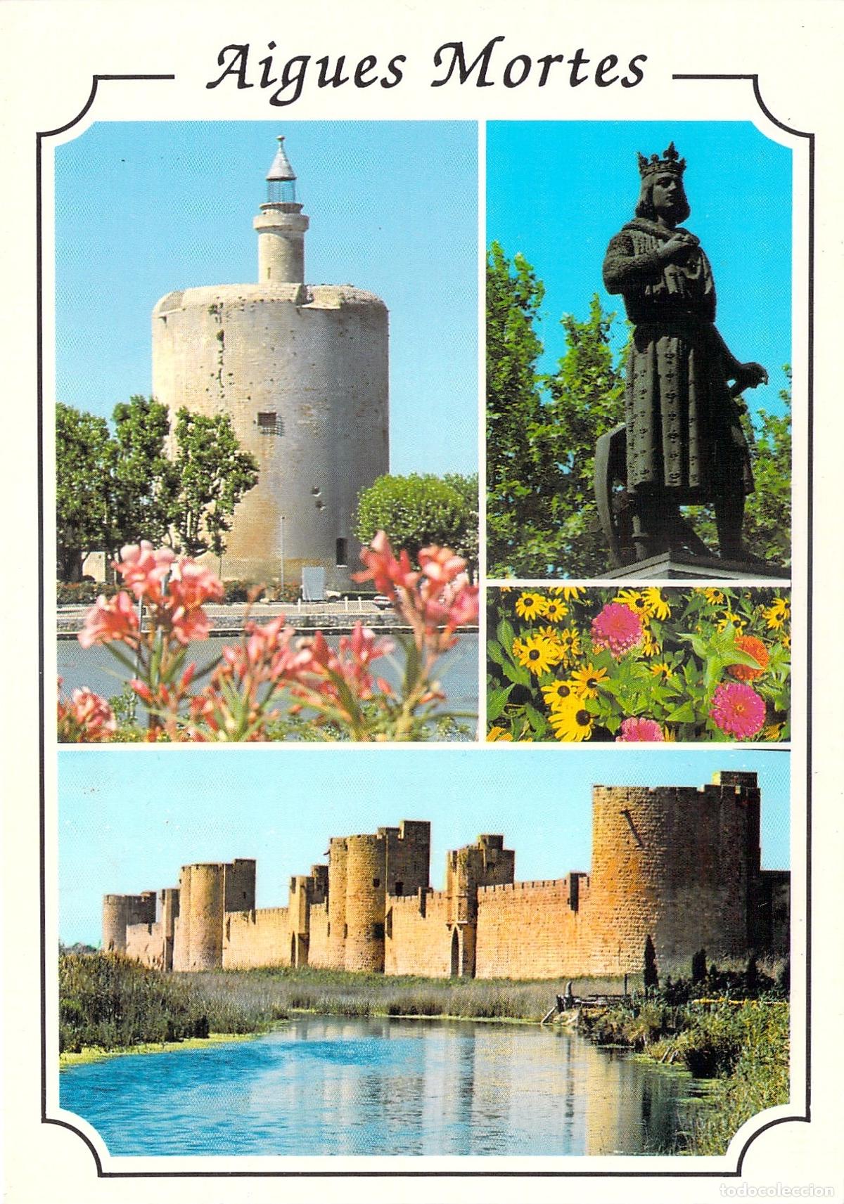 Cartoline: Postal de Aigues-Mortes: Torre de Constanza, Estatua de San Luis y Murallas