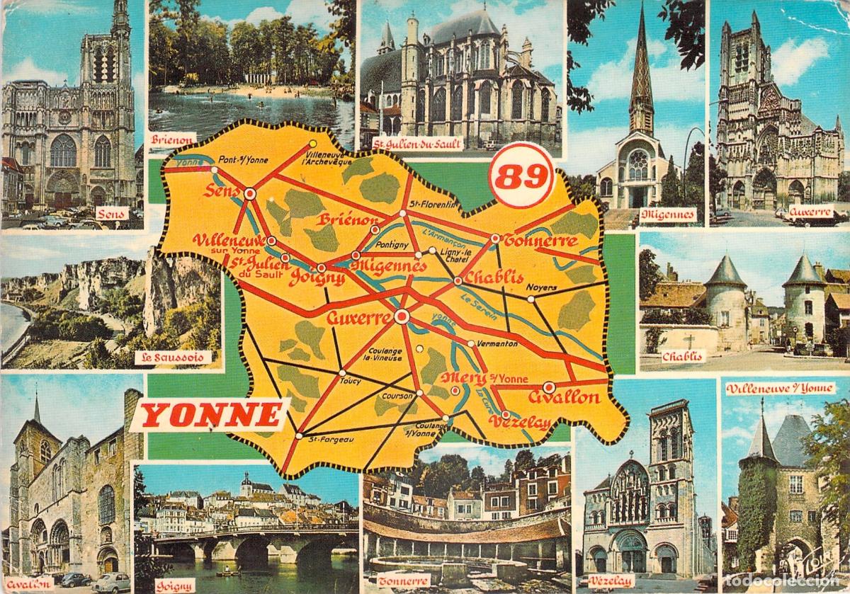 Postales: Postal tur&iacute;stica de Yonne, Francia, con mapa y vistas