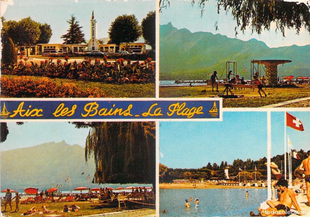 Postales: Postal de la Playa de Aix-les-Bains y Monta&ntilde;a Dent du Chat Francia