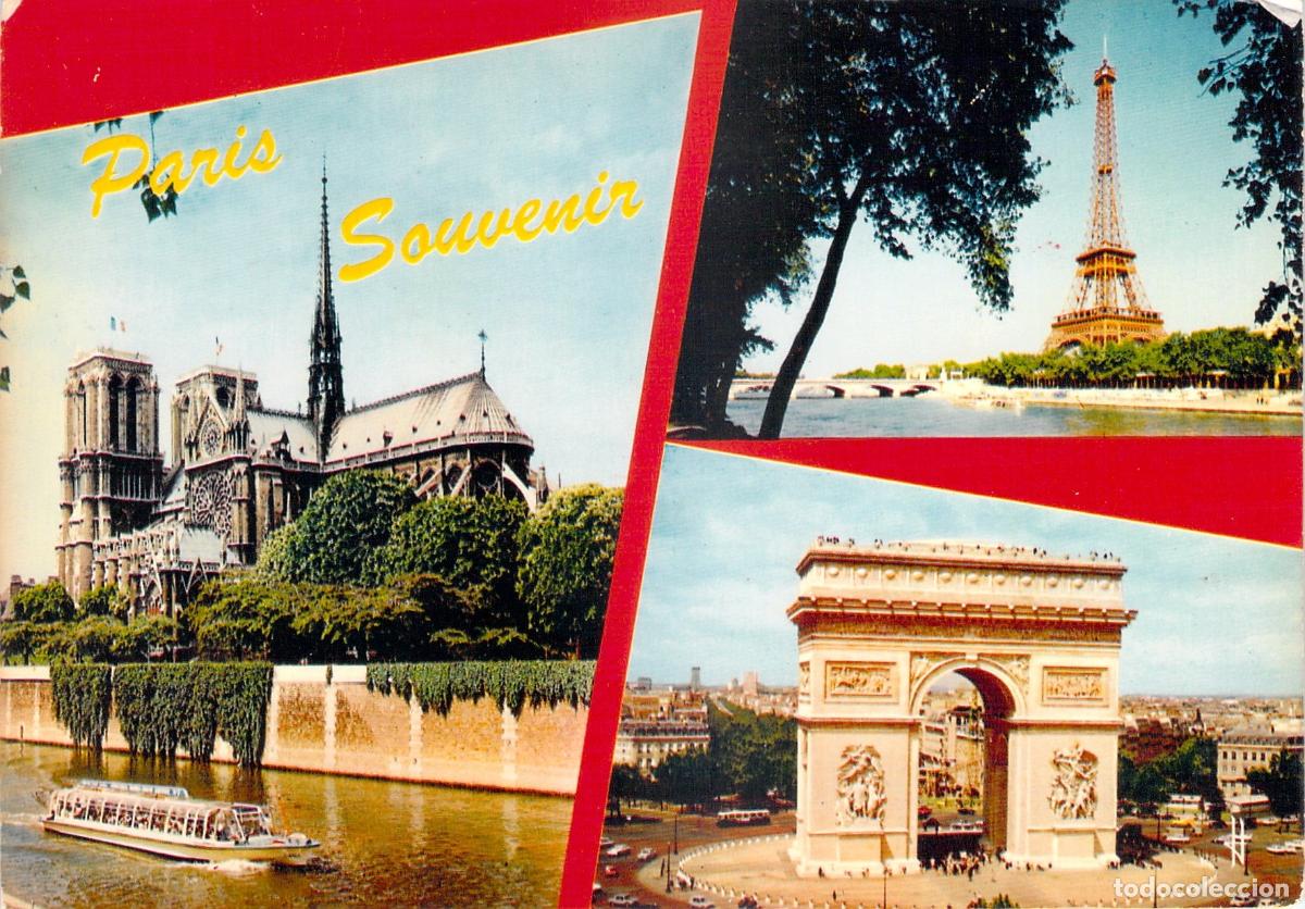 Postales: Postal Souvenir de Par&iacute;s: Notre-Dame, Torre Eiffel y Arco de Triunfo