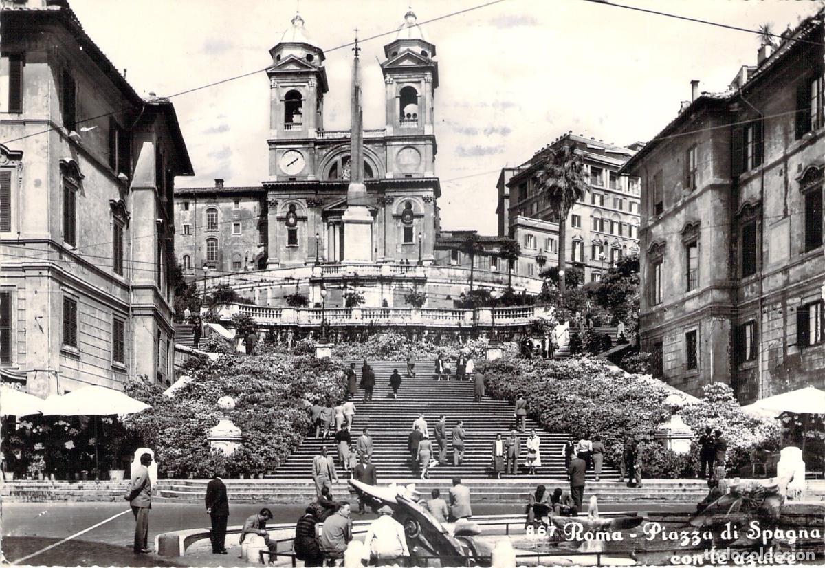 Cartes Postales: Postal de la Plaza de Espa&ntilde;a con Azaleas en Roma Italia