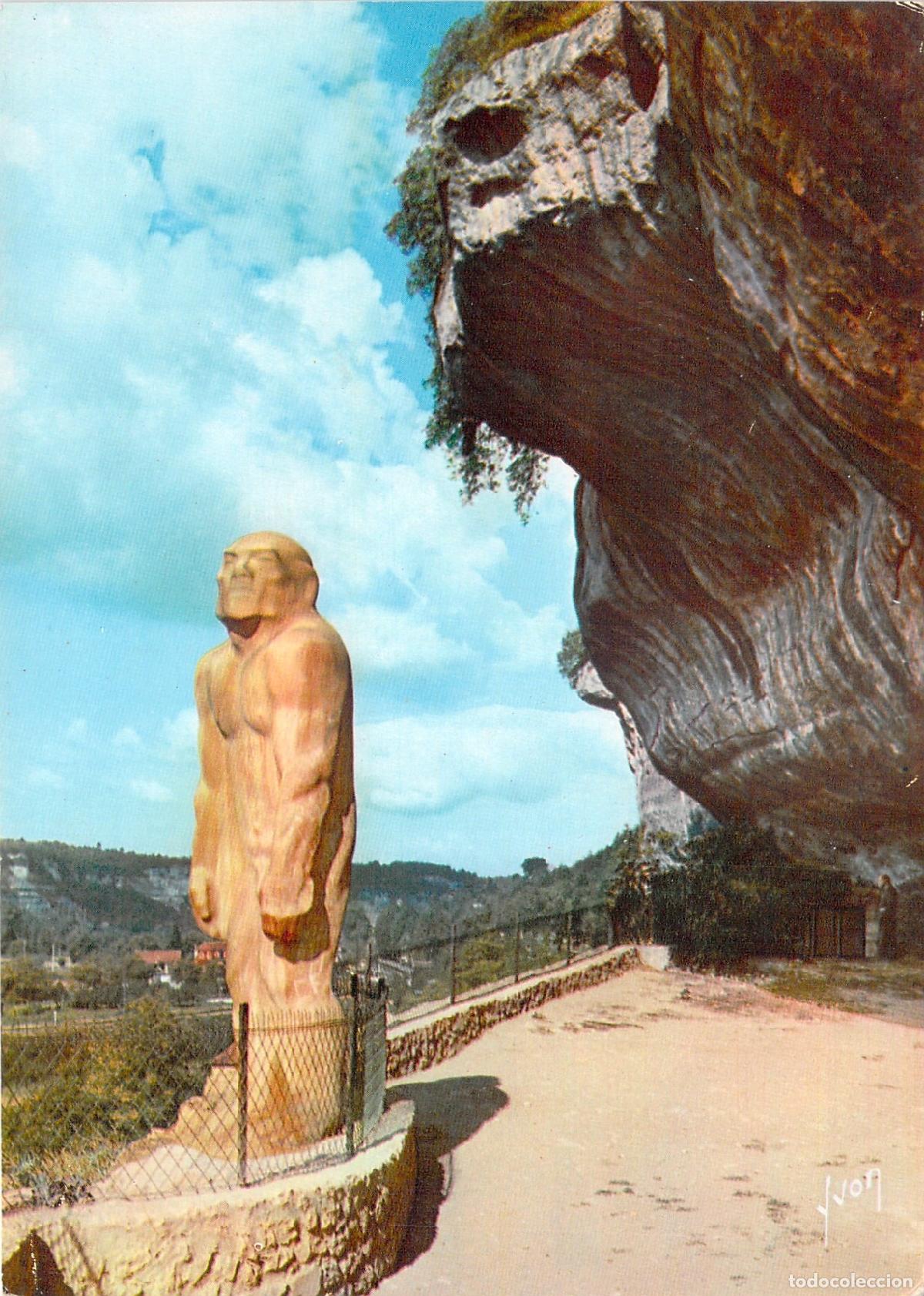 Postais: Postal de Les Eyzies-de-Tayac, Estatua de Cro-Magnon por Dard&eacute;, Francia