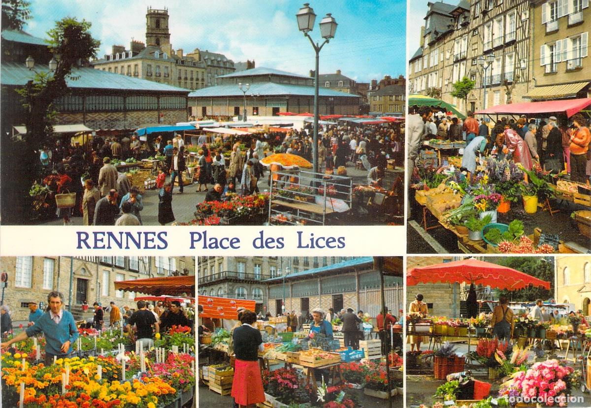 Postales: Postal de Rennes, Place des Lices y su Animado Mercado
