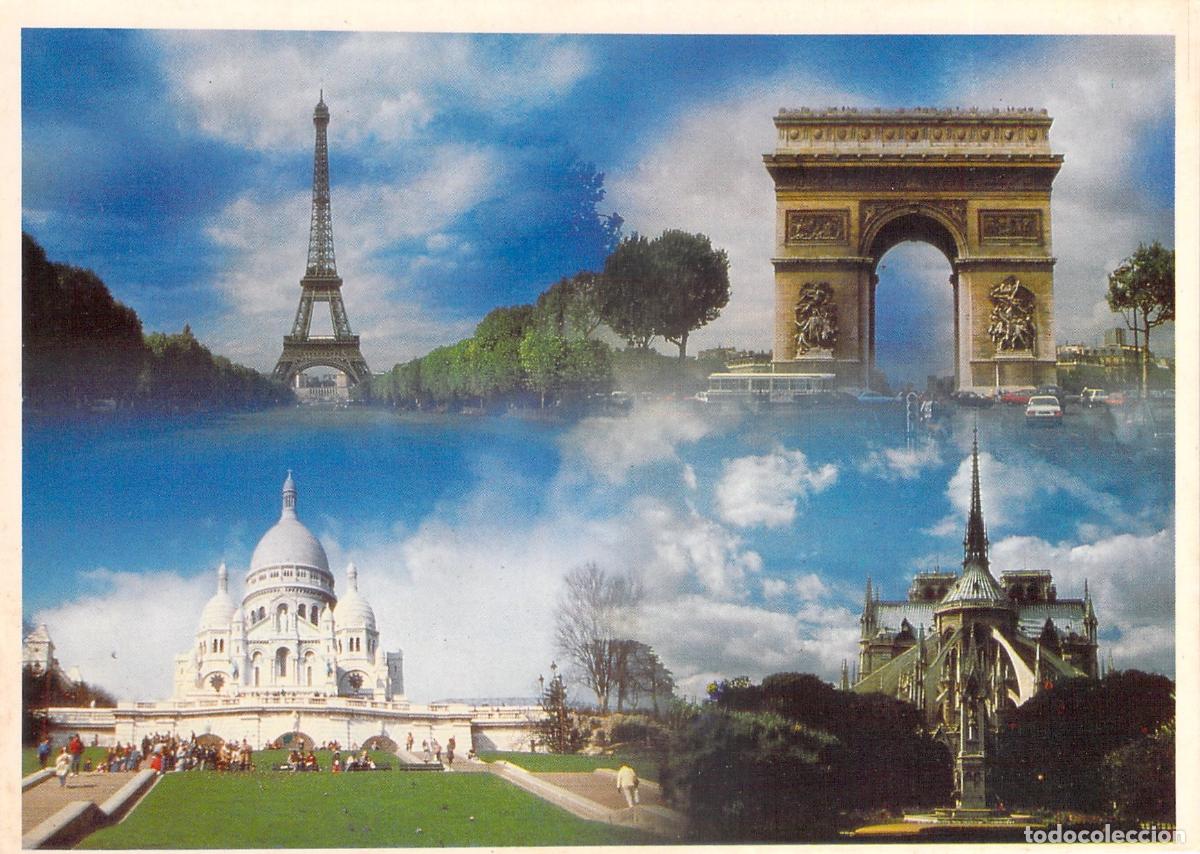 Postales: Postal de Par&iacute;s con Torre Eiffel, Arco de Triunfo, Sacr&eacute;-C&oelig;ur y Notre-Dame