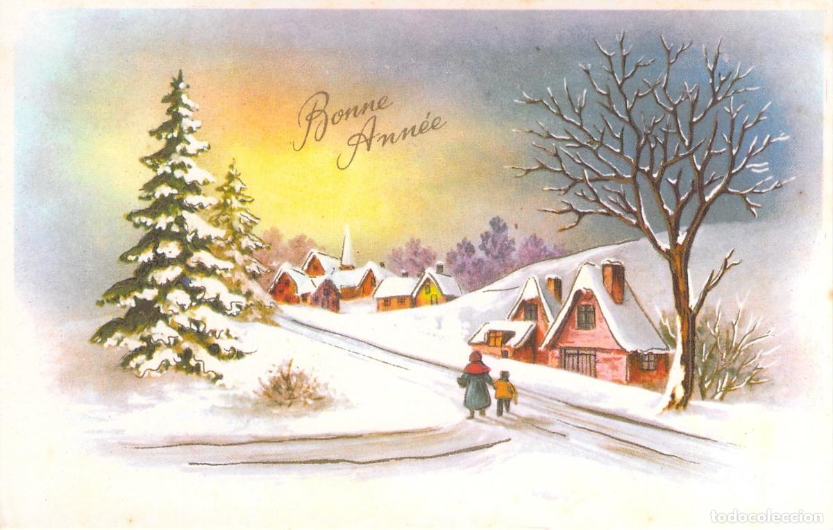 Postales: Postal de A&ntilde;o Nuevo Bonne Ann&eacute;e Paisaje de Invierno con Nieve