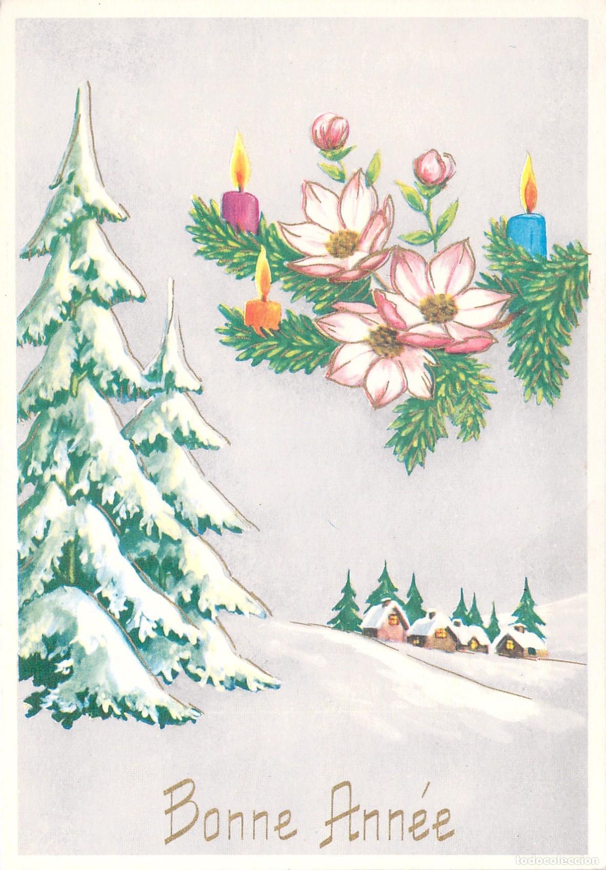 Postales: Postal de Felicitaci&oacute;n de A&ntilde;o Nuevo Bonne Ann&eacute;e con Velas y Flores