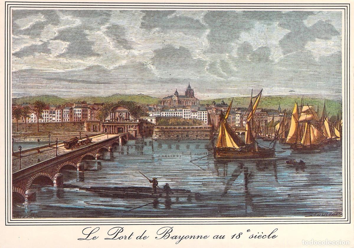 Postales: Postal de Bayona con Grabado del Puerto en Siglo XVIII