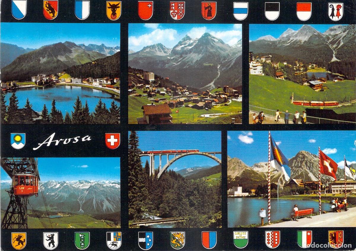 Postales: Postal de Arosa Suiza con Vistas de Monta&ntilde;a y Escudos