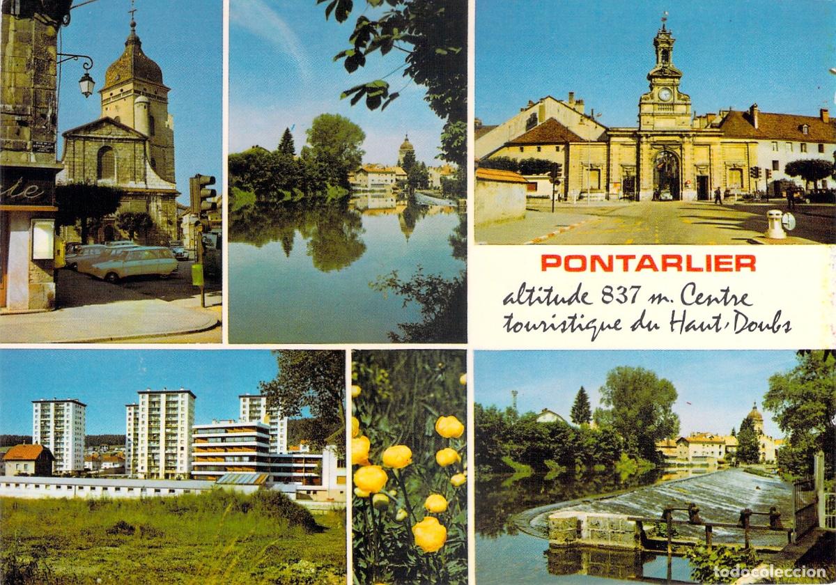 Postales: Postal multi-vista de Pontarlier, Francia, con vistas del r&iacute;o y monumentos