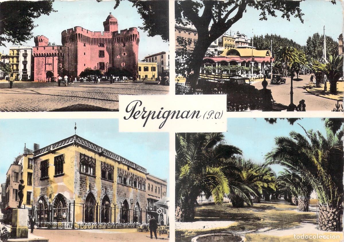 Postales: Postal de Perpi&ntilde;&aacute;n, Multivista con el Castillet y Palmarium, Francia