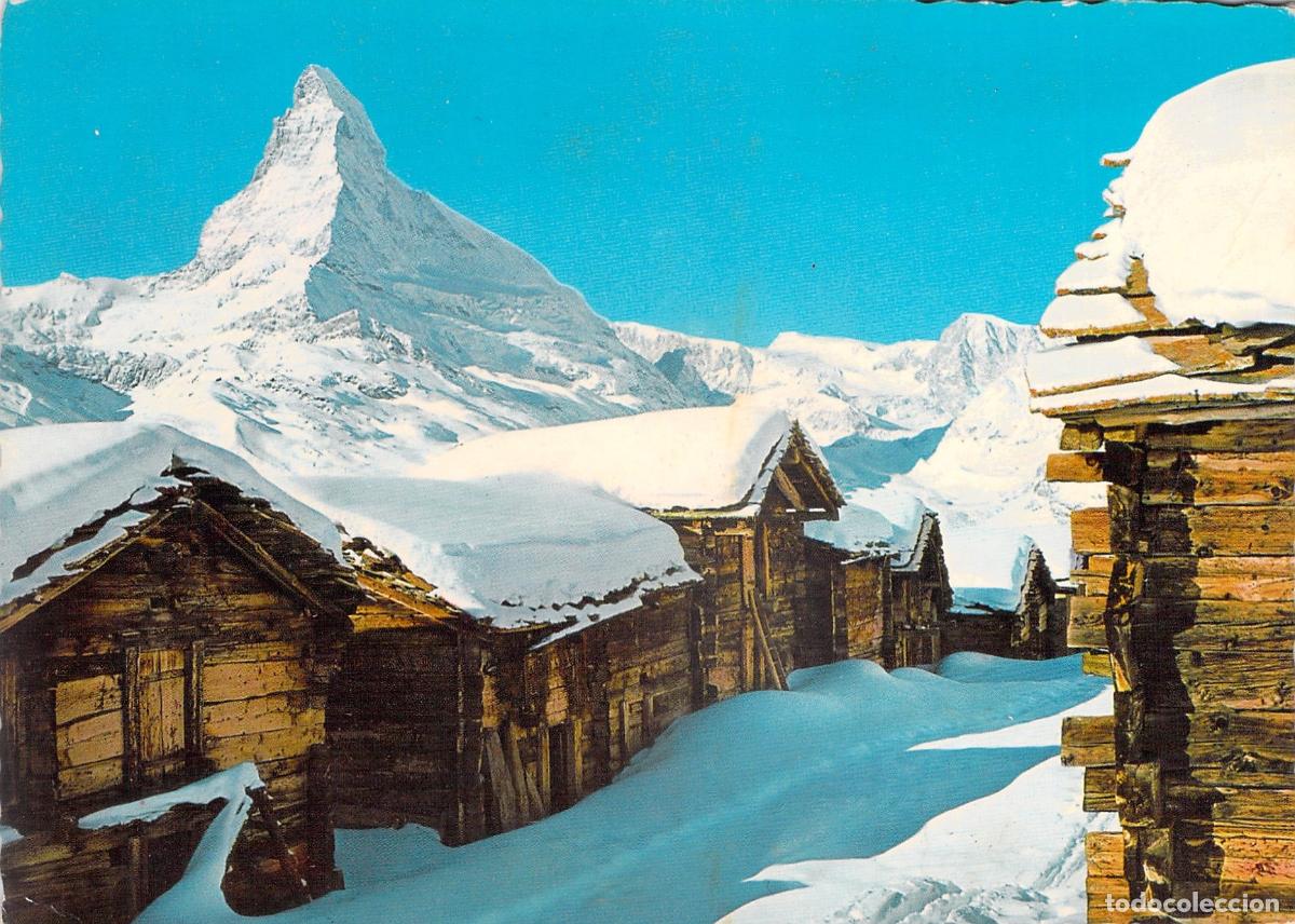 Postales: Postal de Zermatt y el Monte Cervino con Caba&ntilde;as en la Nieve