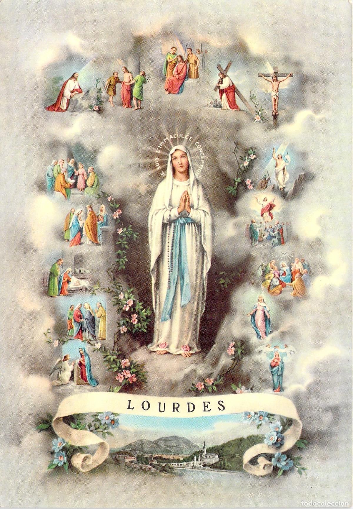 Postales: Postal de recuerdo de Lourdes, la Virgen Mar&iacute;a y los Misterios