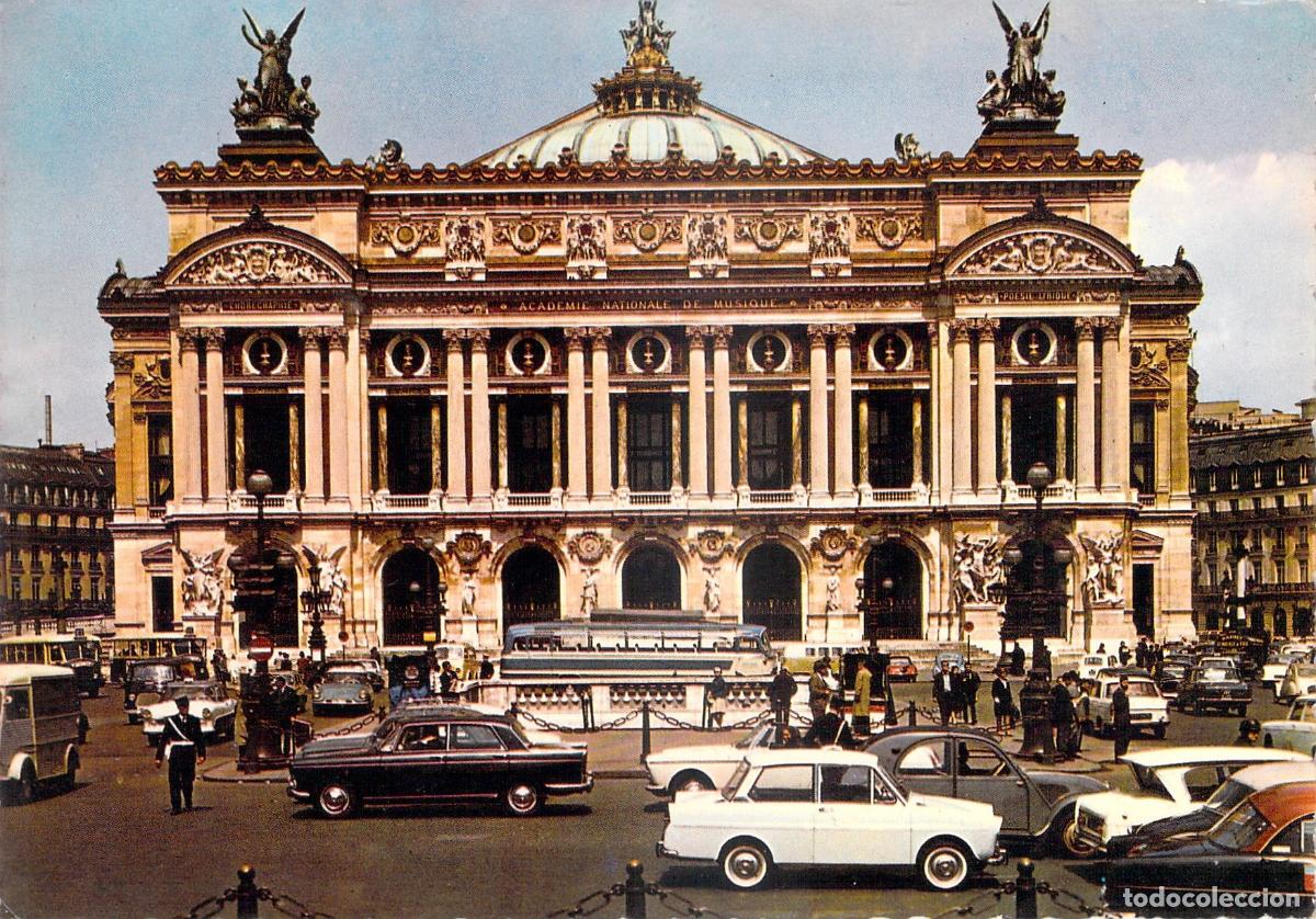 Postales: Postal de la Plaza de la &Oacute;pera en Par&iacute;s con Coches Cl&aacute;sicos