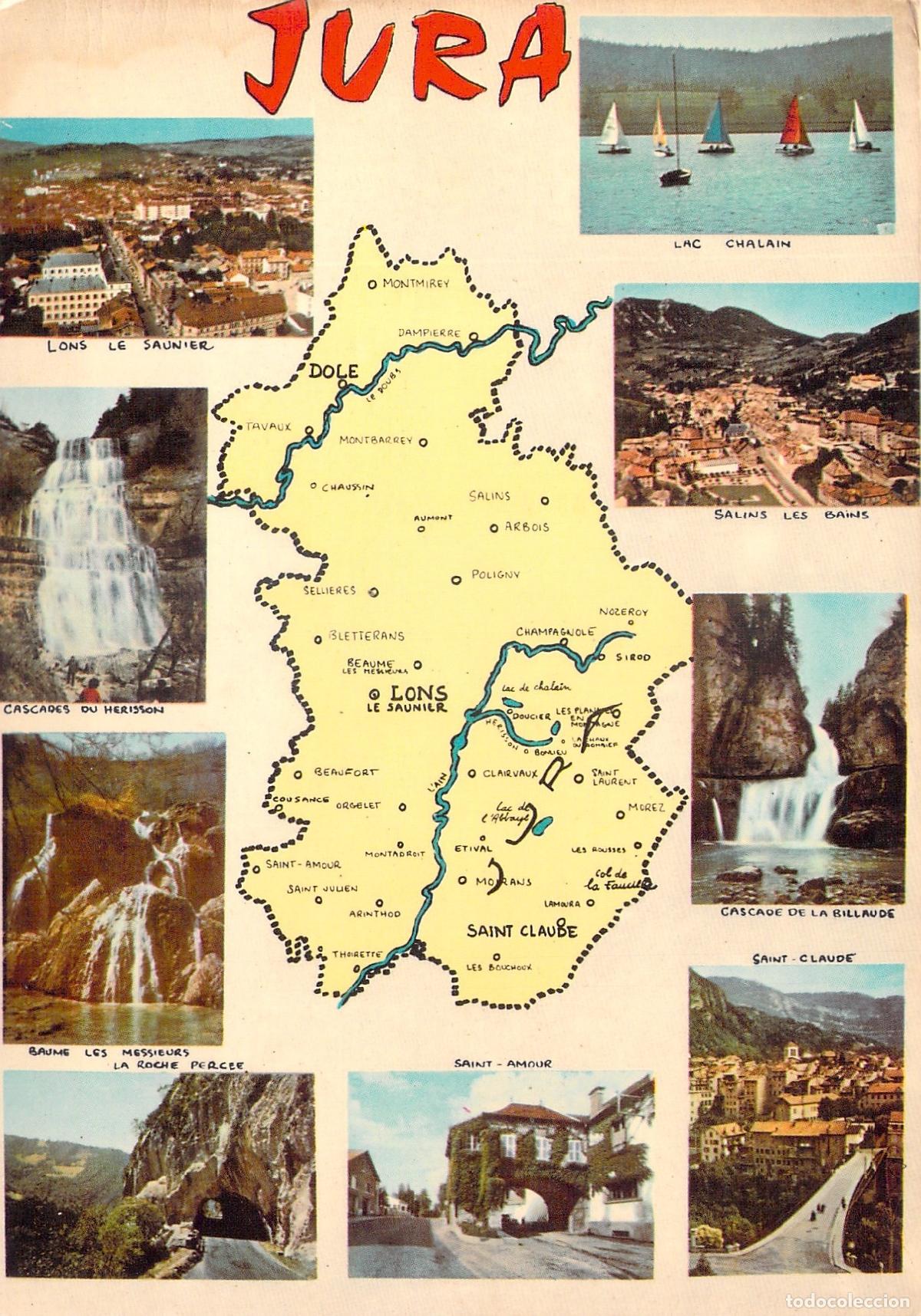 Cartes Postales: Postal Tur&iacute;stica de Jura con Mapa y Vistas del Departamento