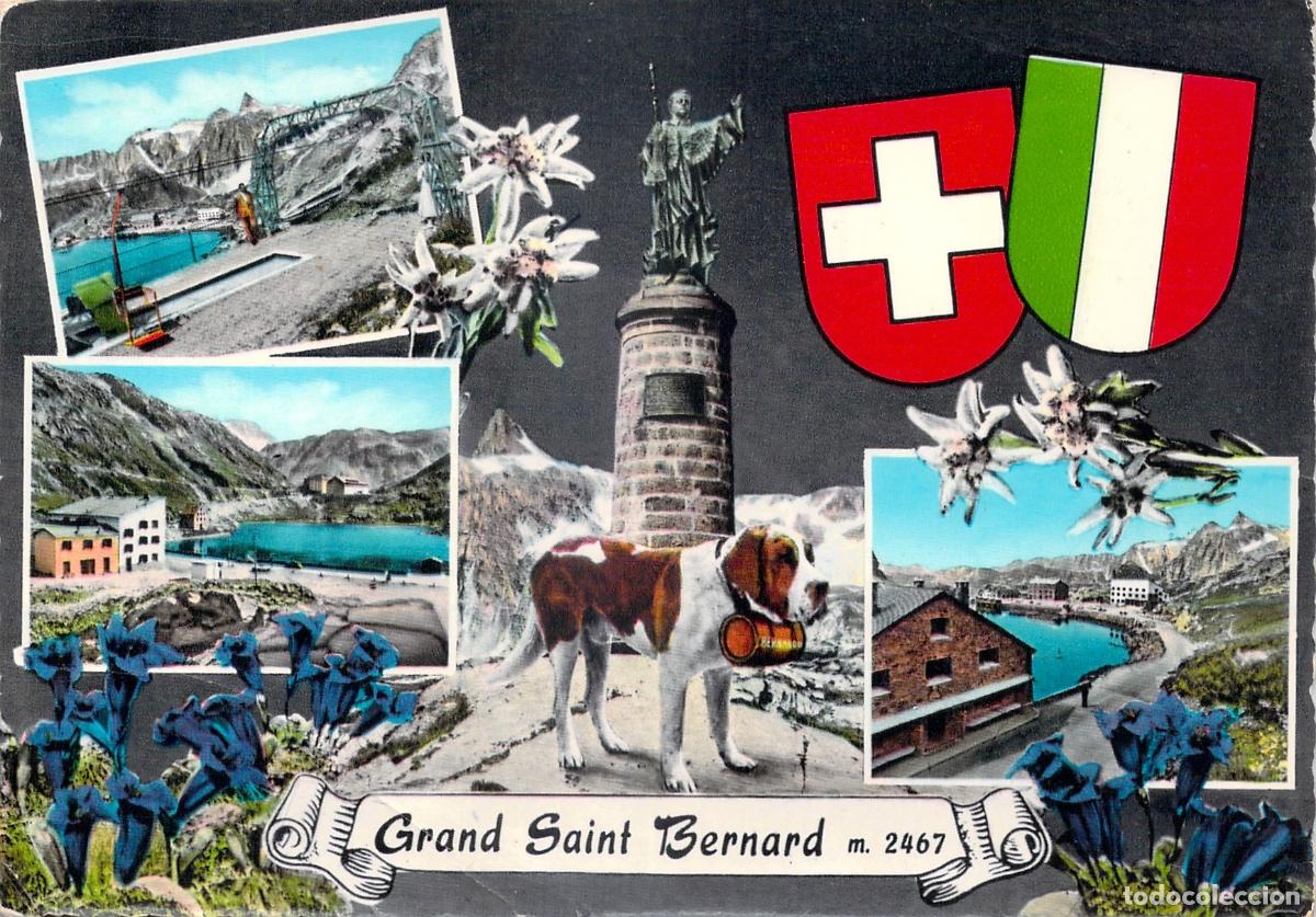 Postales: Postal del Gran San Bernardo con perro y banderas de Suiza e Italia