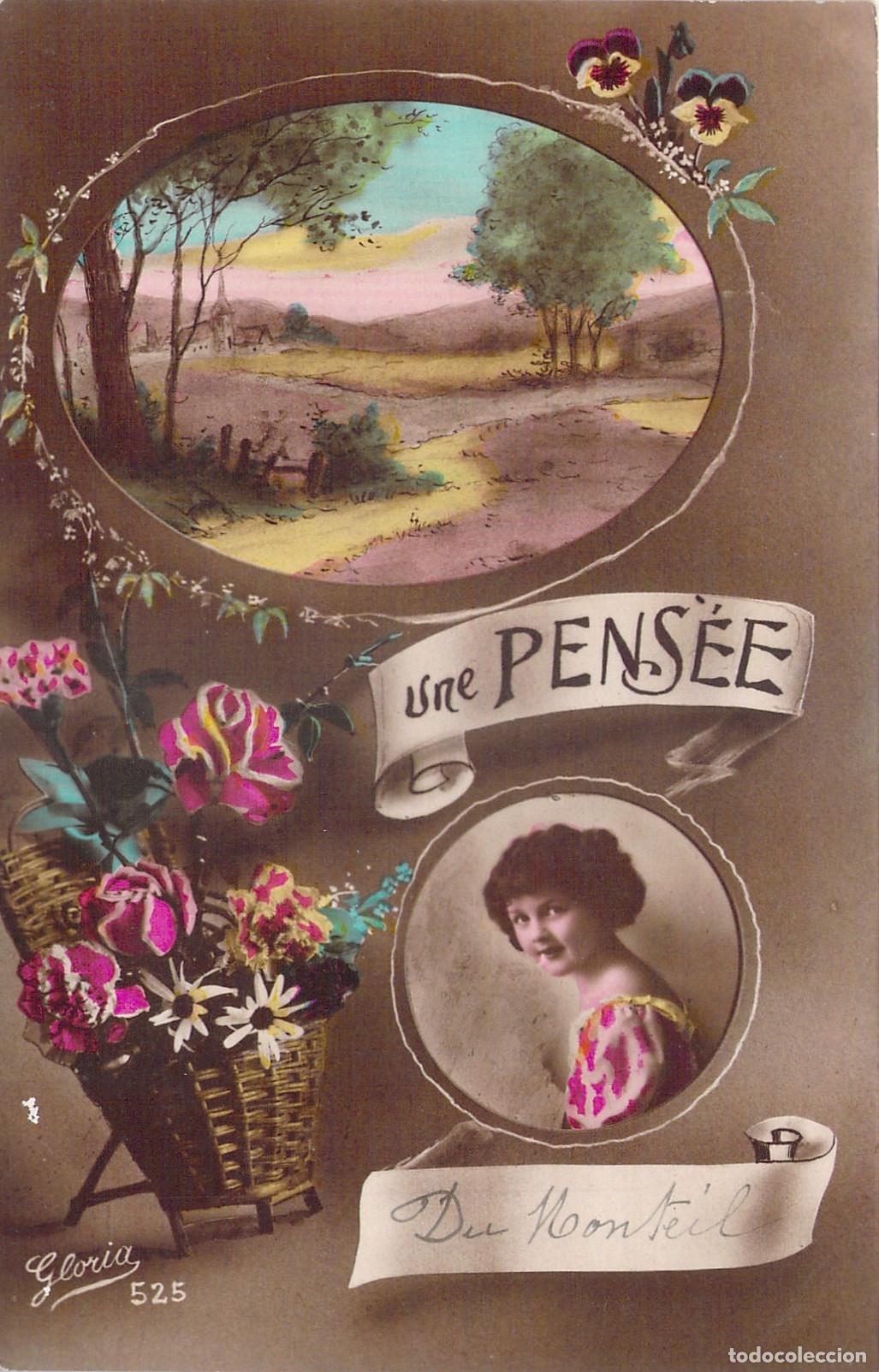 Postais: Postal Francesa de Fantas&iacute;a Une Pens&eacute;e con Retrato de Mujer y Flores
