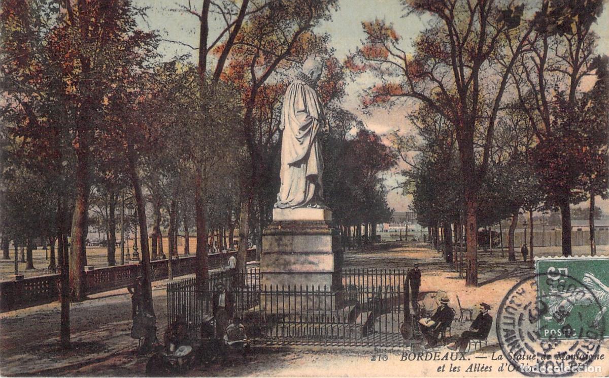 Postais: Postal de Burdeos, Estatua de Montaigne y All&eacute;es d'Orl&eacute;ans, Francia