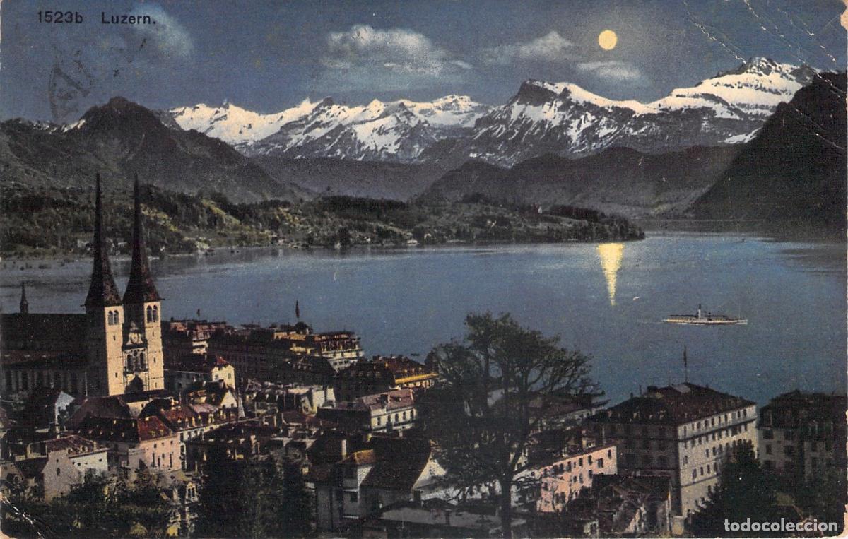 Postales: Postal de Lucerna Suiza de Noche con Lago y Iglesia Hofkirche