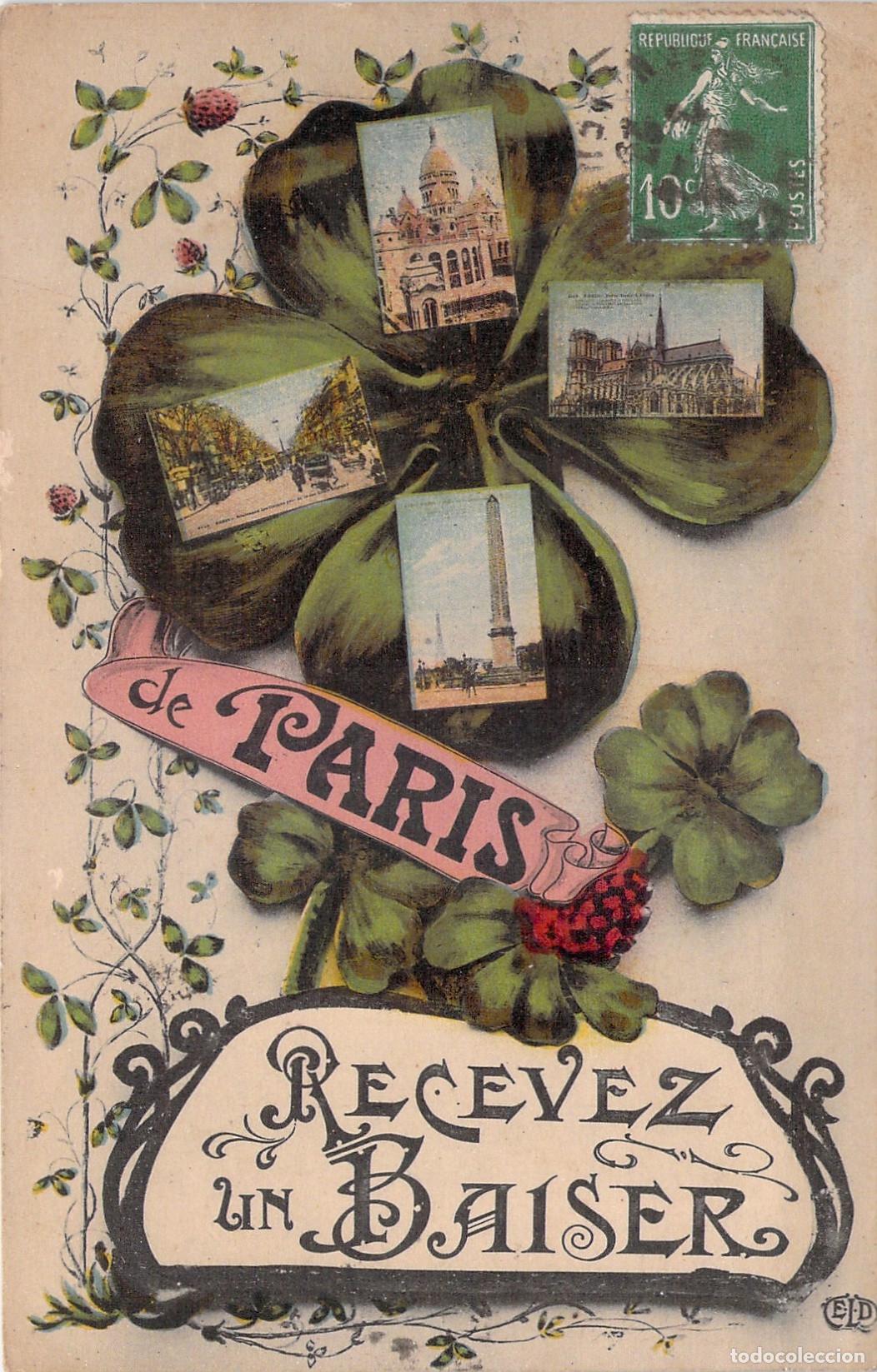 Postales: Tarjeta Postal de Par&iacute;s con Tr&eacute;bol de Cuatro Hojas y Monumentos