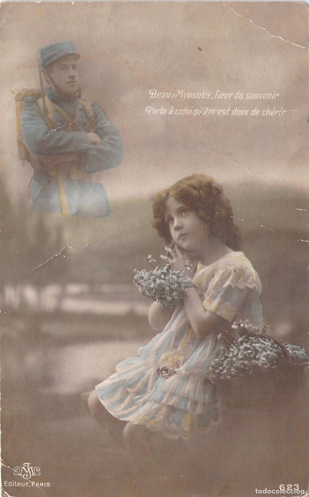 Postcards: Postal Francesa de la Primera Guerra Mundial con Soldado y Ni&ntilde;a