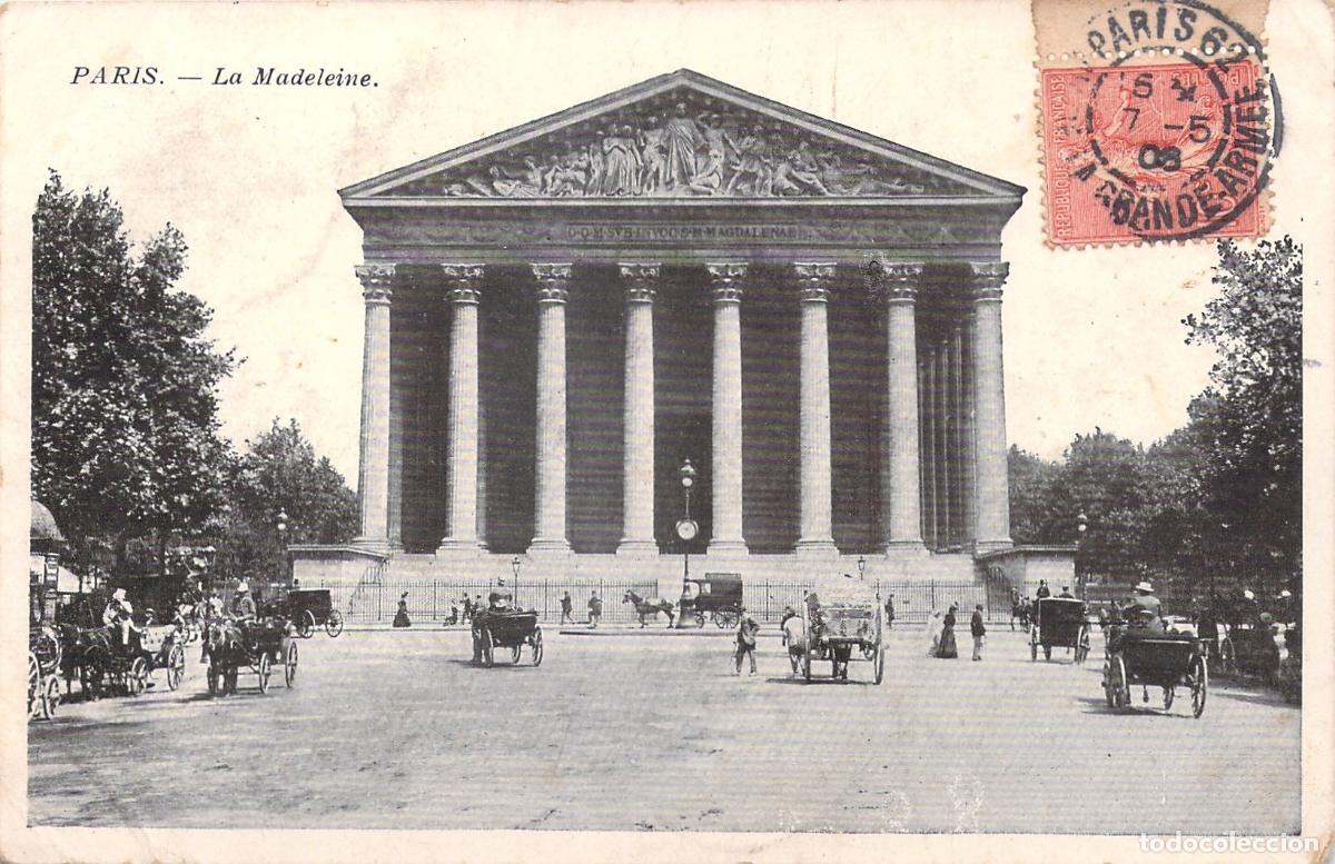 Postales: Postal de Par&iacute;s: Iglesia de la Madeleine con Carruajes