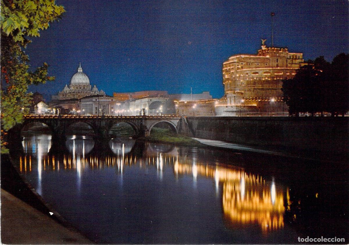 Postales: Postal de Roma con Vista Nocturna del Castillo de Sant'Angelo y R&iacute;o T&iacute;ber