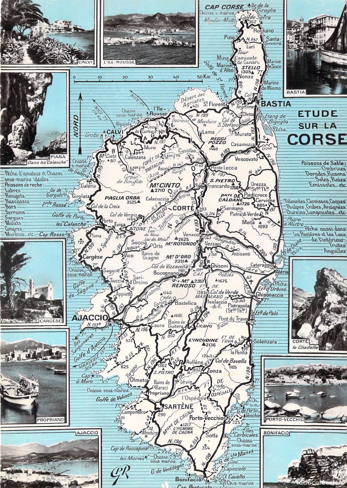 Postales: Postal Tur&iacute;stica con Mapa Ilustrado de C&oacute;rcega