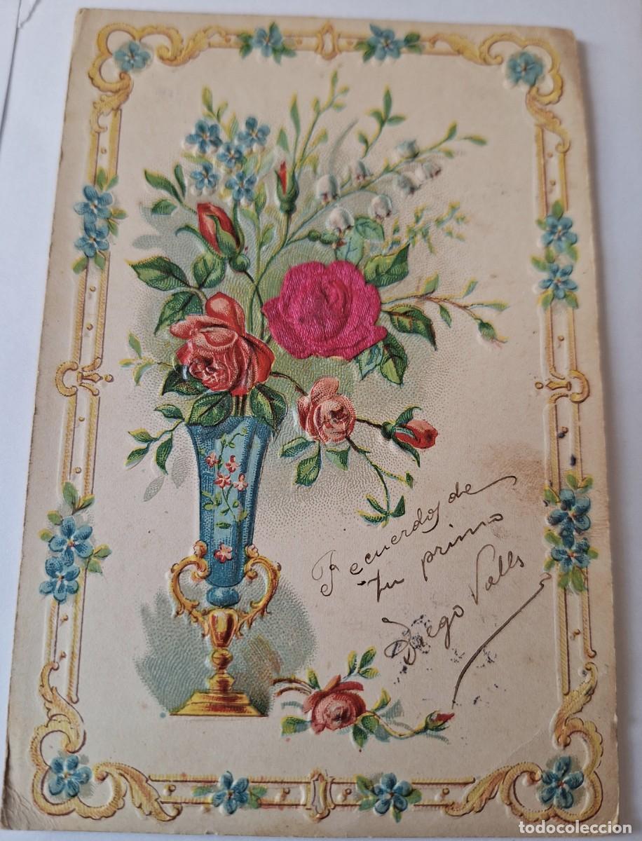 Postales: POSTAL MUY ANTIGUA COLOR CON RELIEVE - JARR&Oacute;N CON FLORES - MANUSCRITA EN 1908 - BUEN ESTADO