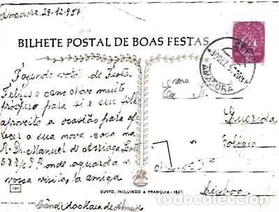 Postales: Portugal y postal ilustrada de felicitaci&oacute;n navide&ntilde;a CTT, Amadora a Lisboa 1957 (181)