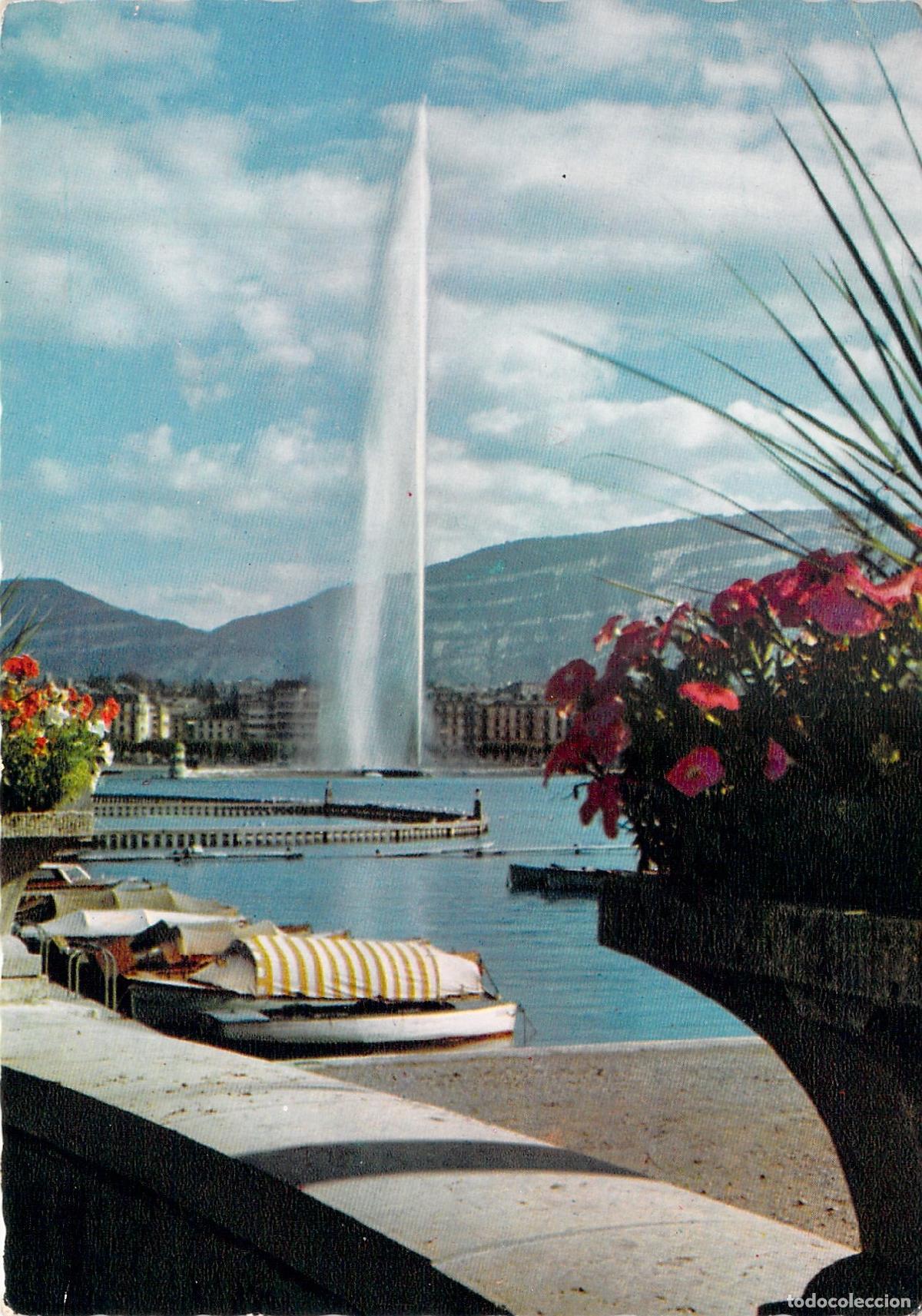 Postales: Postal de Ginebra: El Famoso Jet d'Eau sobre el Lago Lem&aacute;n