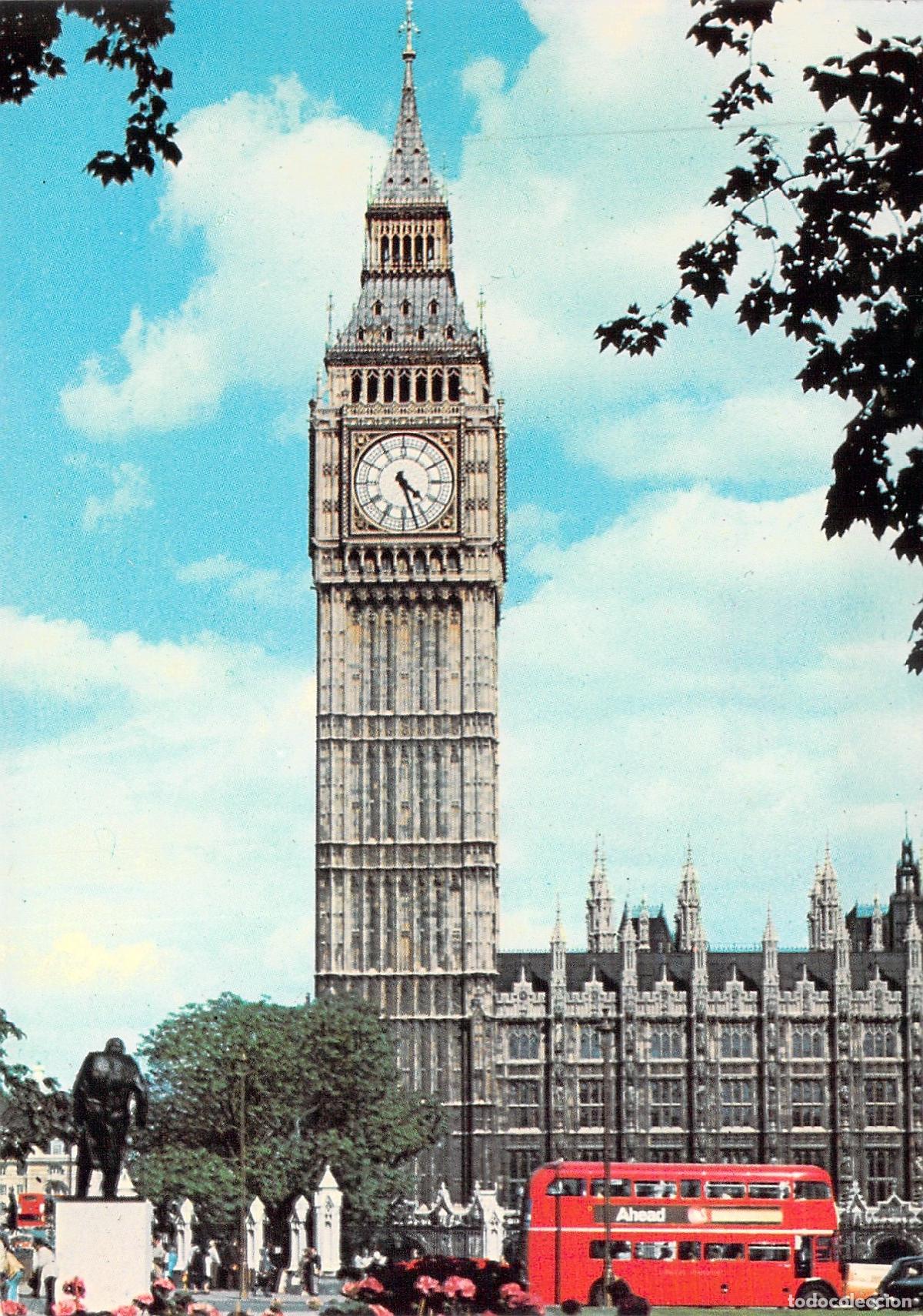 Postales: Postal de Londres con el Big Ben y Estatua de Churchill