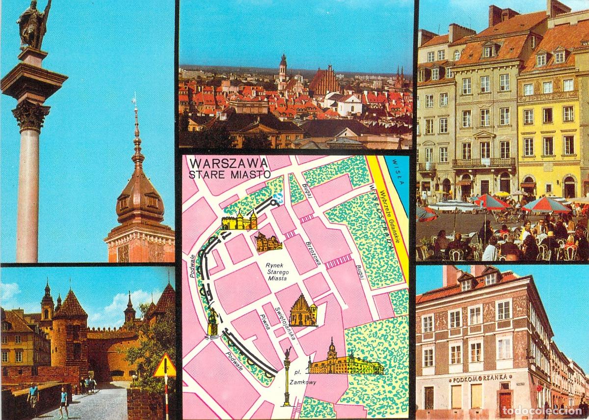 Postales: Postal Multivista de Varsovia con Mapa de la Ciudad Vieja