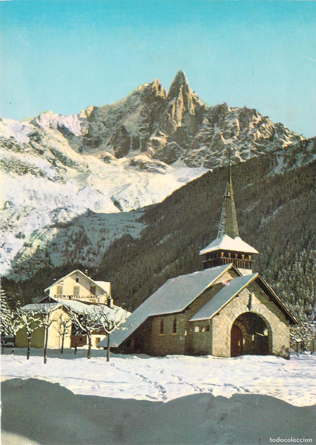 Postales: Postal de la Capilla de los Praz y la Aguja Verde en Chamonix, Alpes