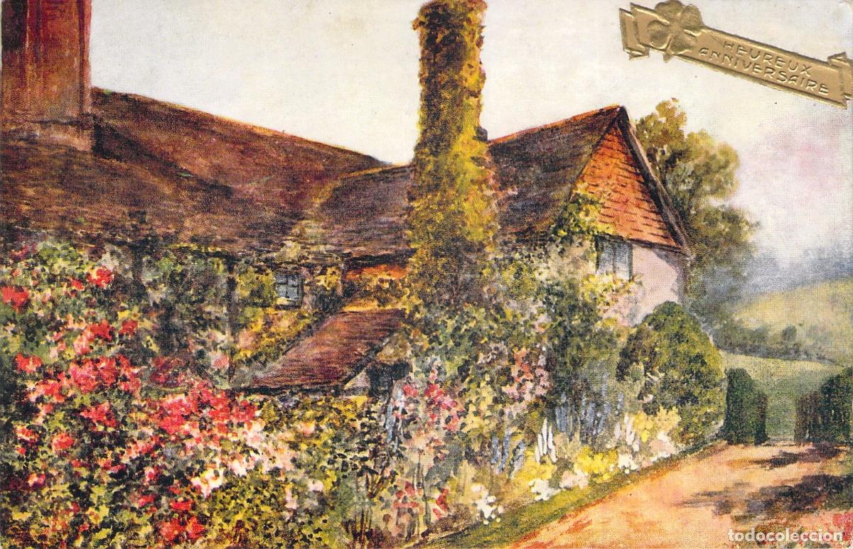 Postales: Postal de Felicitaci&oacute;n Heureux Anniversaire con Caba&ntilde;a Inglesa