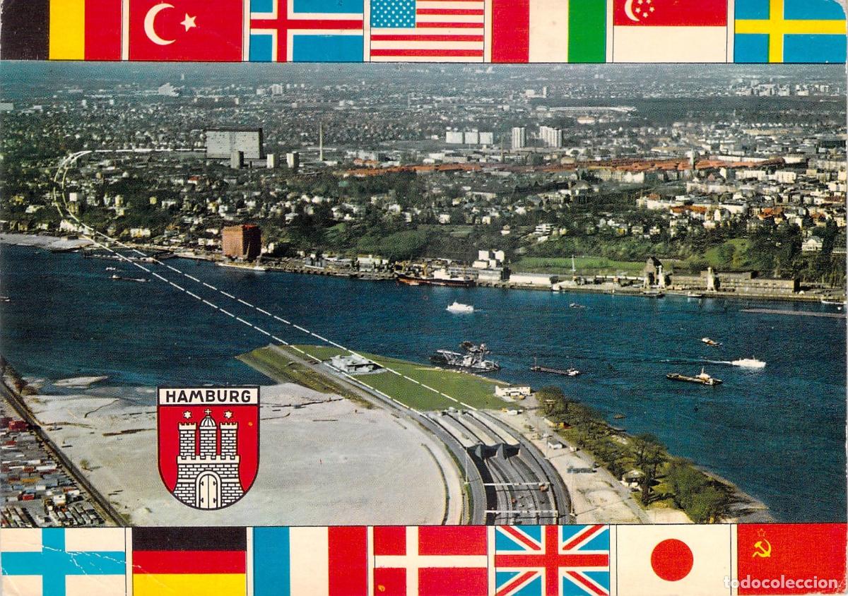 Postcards: Postal de Hamburgo Vista A&eacute;rea del Nuevo T&uacute;nel del Elba y Banderas