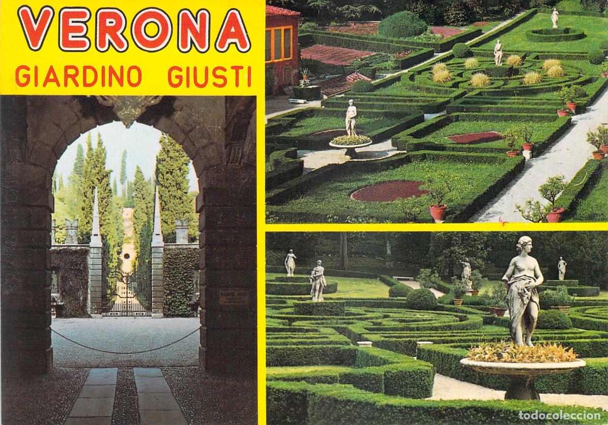 Postales: Postal de Verona, Giardino Giusti con vistas del jard&iacute;n y estatuas