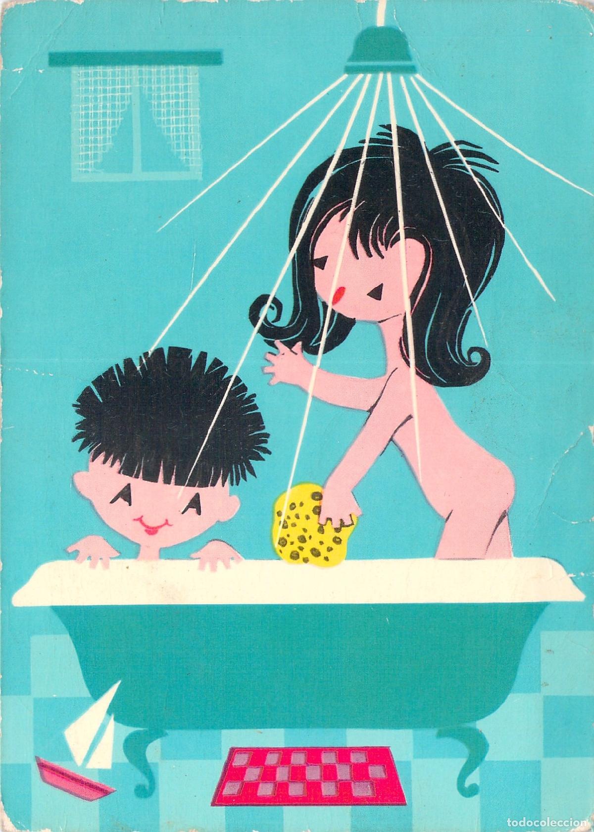 Postales: Postal de Ilustraci&oacute;n Infantil de Helga Knobloch, Ni&ntilde;os Ba&ntilde;&aacute;ndose