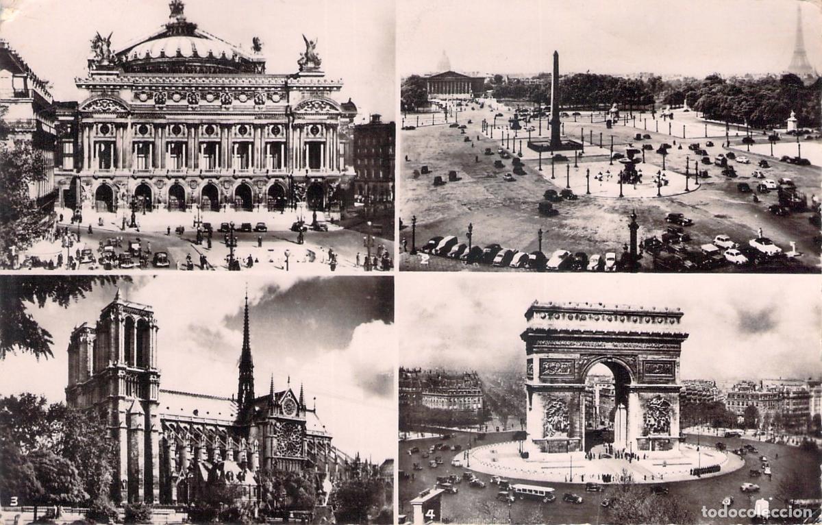 Postales: Postal Multivista de Par&iacute;s: &Oacute;pera, Concordia, Notre-Dame y Arco de Triunfo