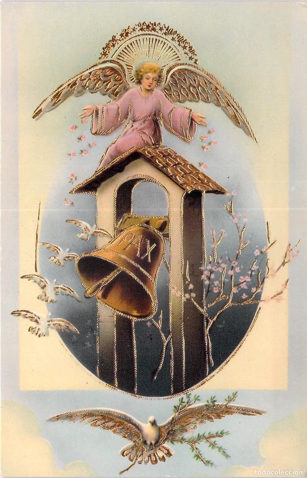 Postcards: Postal Ilustrada de &Aacute;ngel sobre Campanario con Campana Pax y Palomas