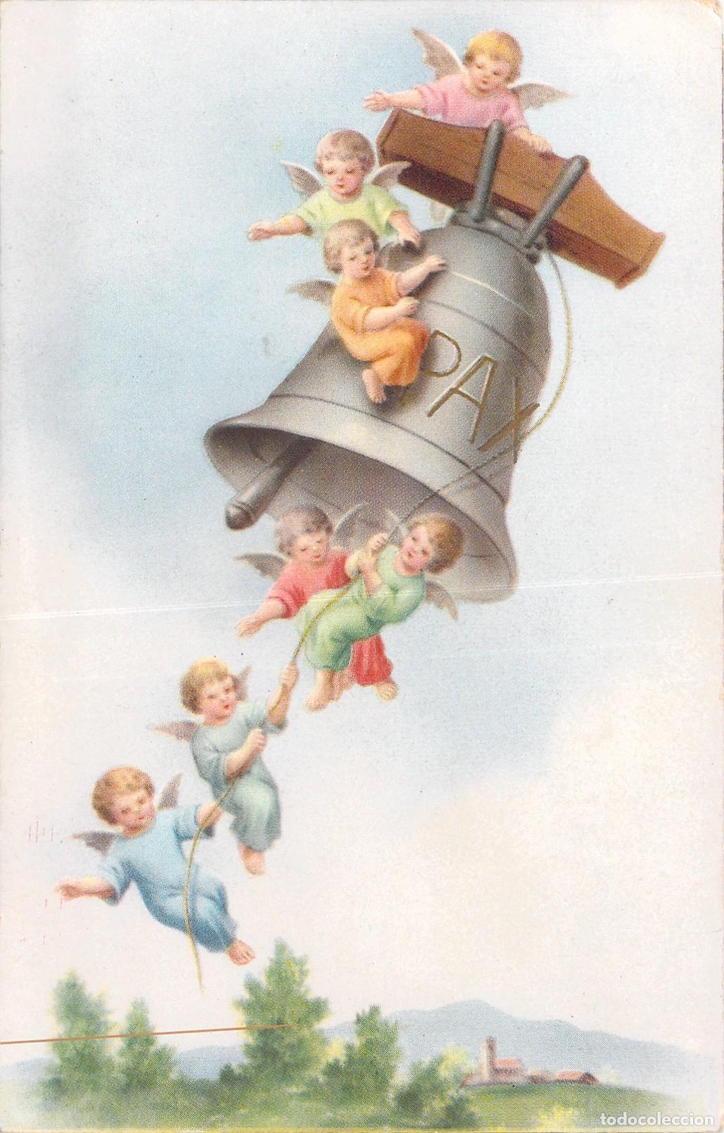 Postales: Postal Ilustraci&oacute;n de Querubines con Campana de la Paz PAX