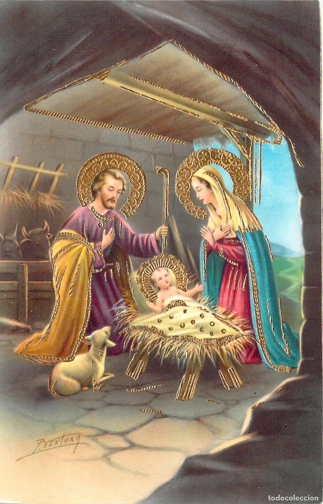 Postales: Postal Navide&ntilde;a del Nacimiento de Jes&uacute;s con Detalles Dorados