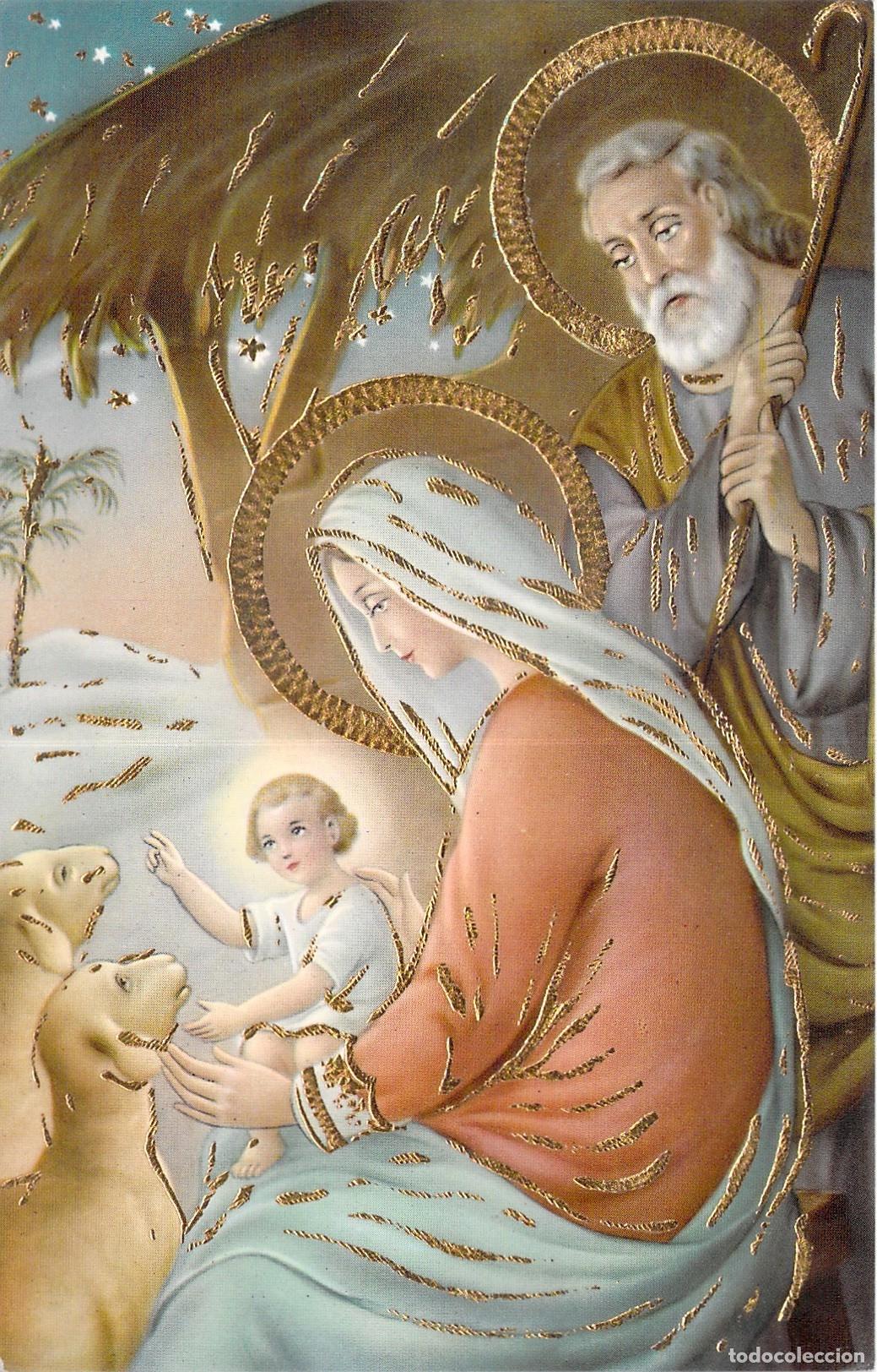 Postales: Postal de Navidad Sagrada Familia con Detalles Dorados
