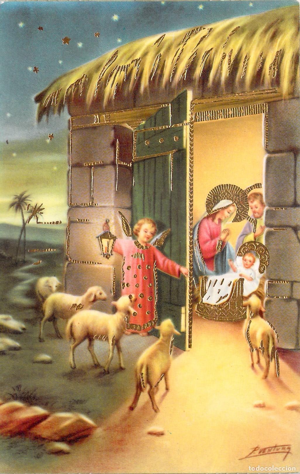 Postales: Postal de Navidad del Nacimiento con &Aacute;ngel y Ovejas